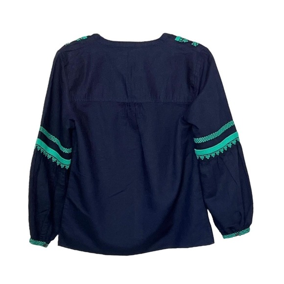 J Crew Blouse Womens 2 Navy Blue Green Embroidered Peasant Boho Top‎ Tassel Trim - Picture 3 of 11